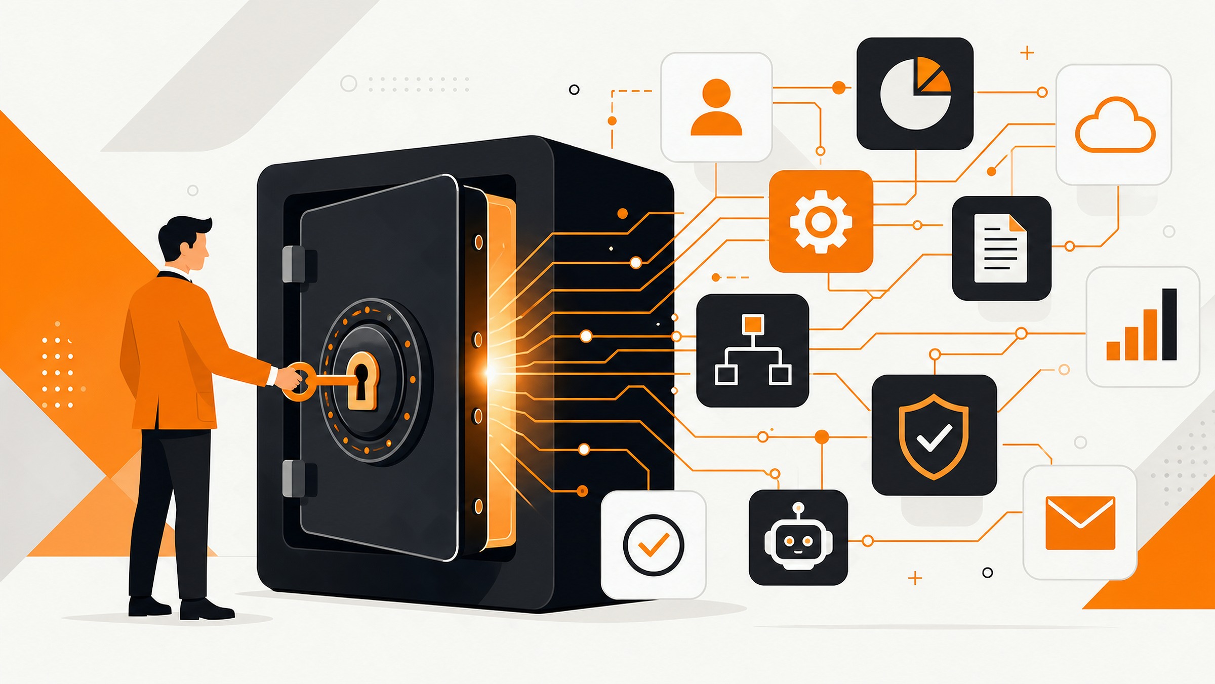 Vector illustration of a person unlocking a secure digital vault connected to business app icons.