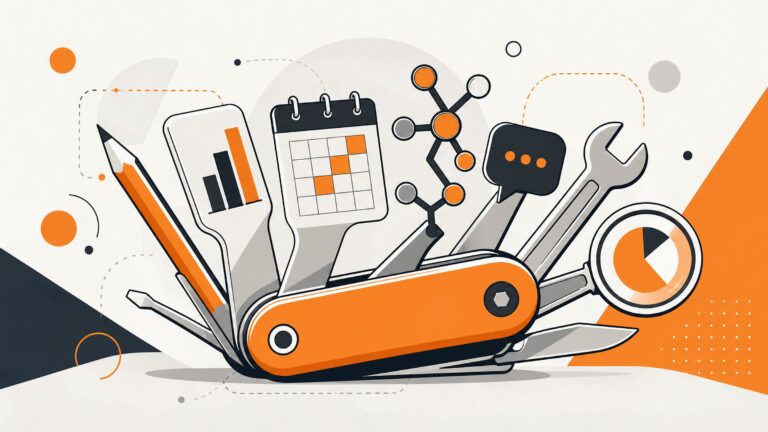 Vector illustration of a multi-tool opened into AI workflow tools, charts, calendar, and automation icons.