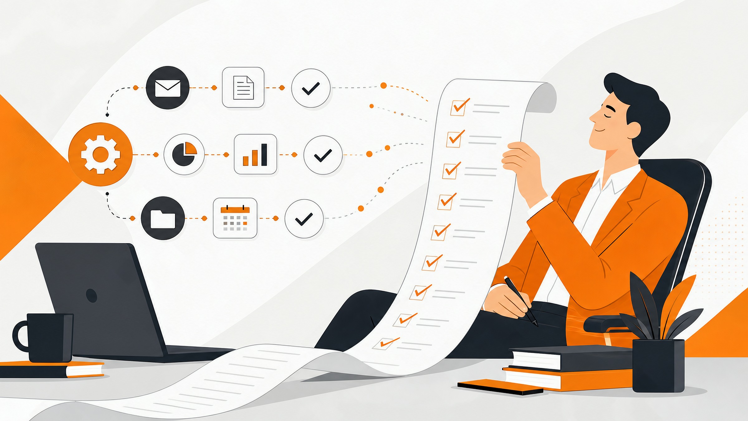 Vector illustration of a relaxed executive reviewing a completed checklist with automation icons.