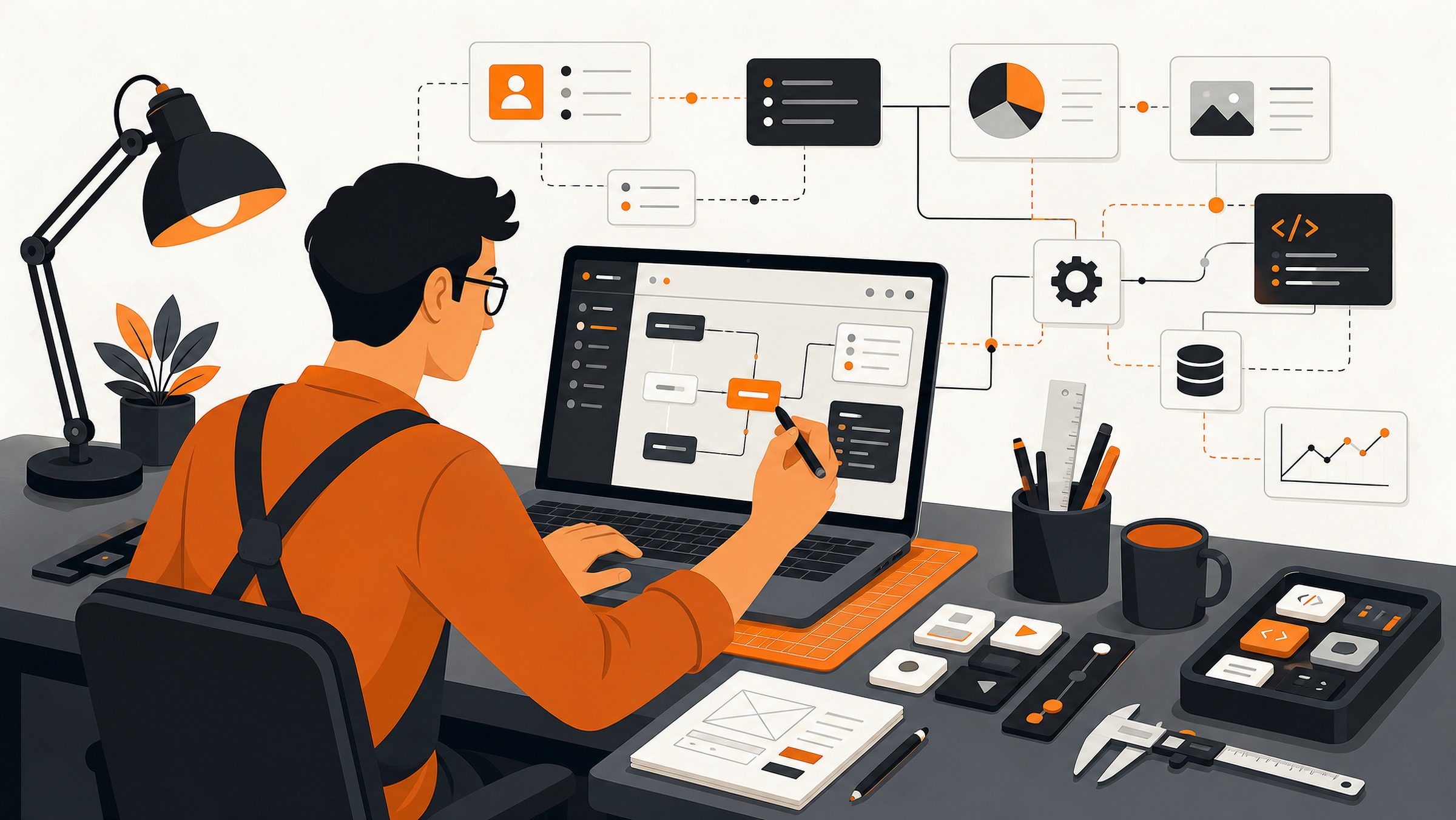 Vector illustration of a craftsperson designing a custom software interface at a workbench.