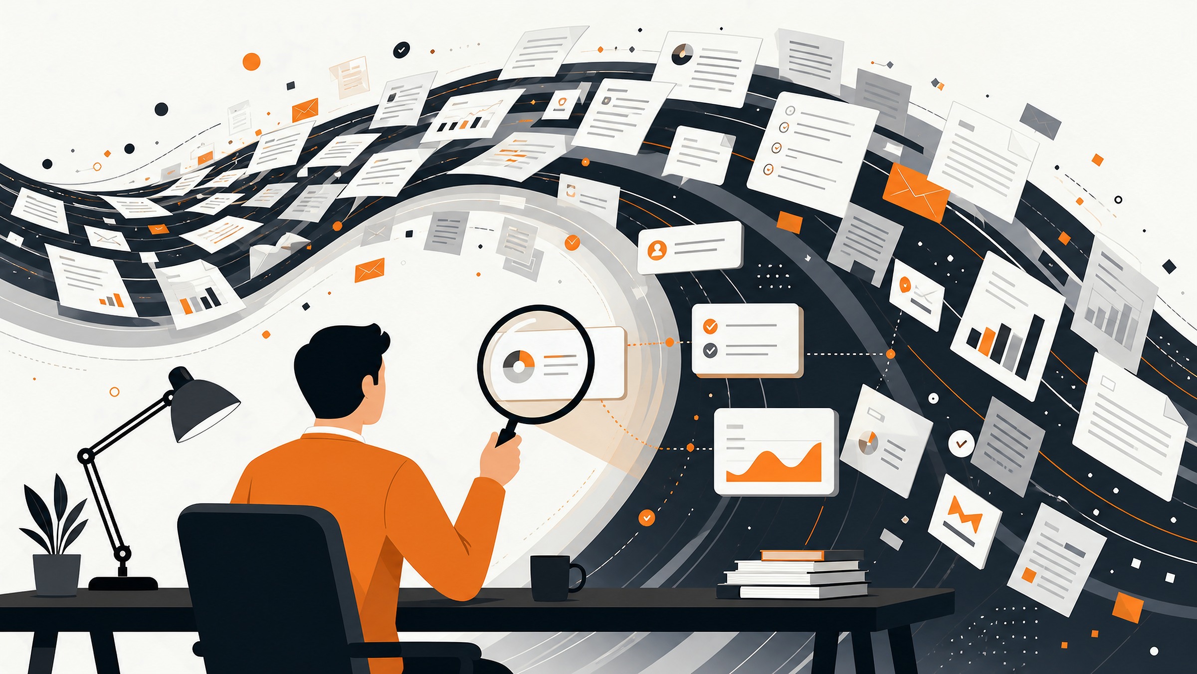 Vector illustration of a reviewer selecting useful documents from a wave of generated reports and messages.