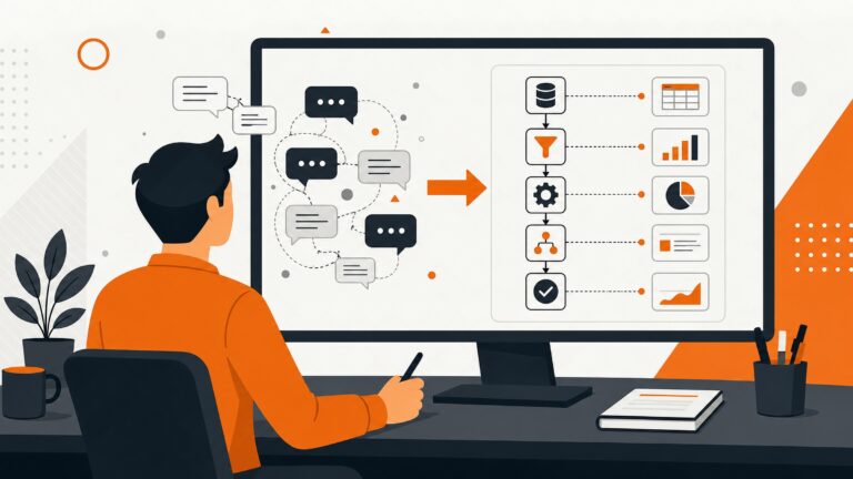 Vector illustration of a chat prompt being transformed into a clean workflow diagram.
