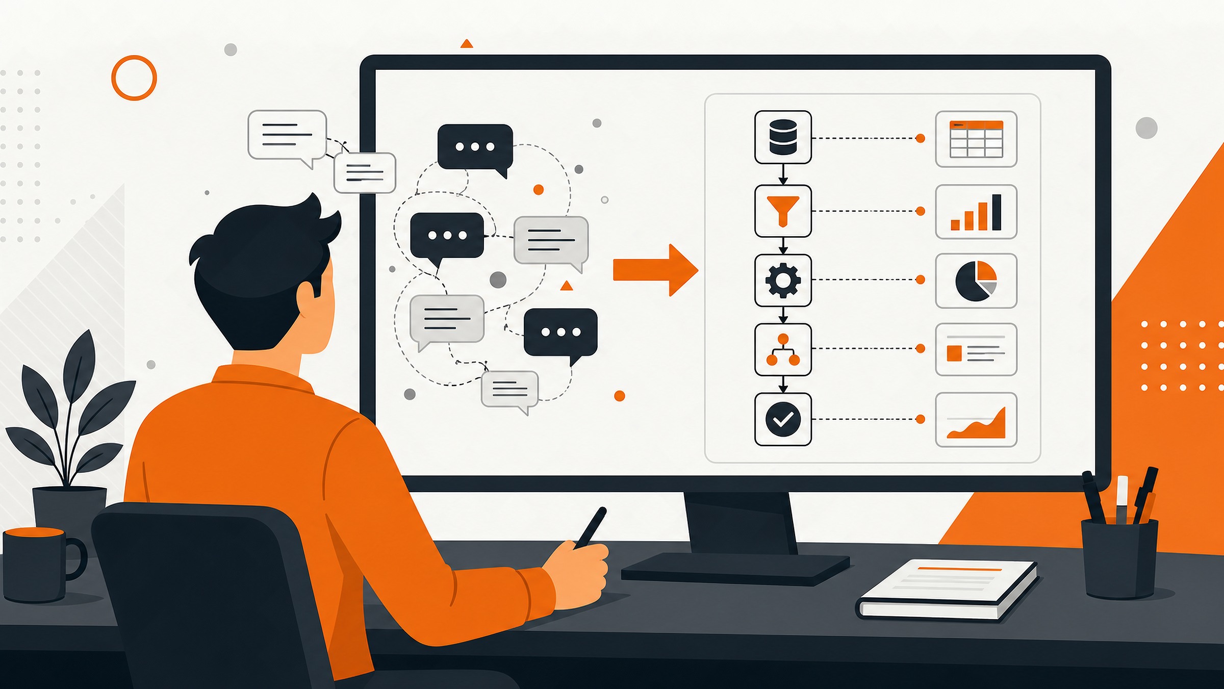 Vector illustration of a chat prompt being transformed into a clean workflow diagram.