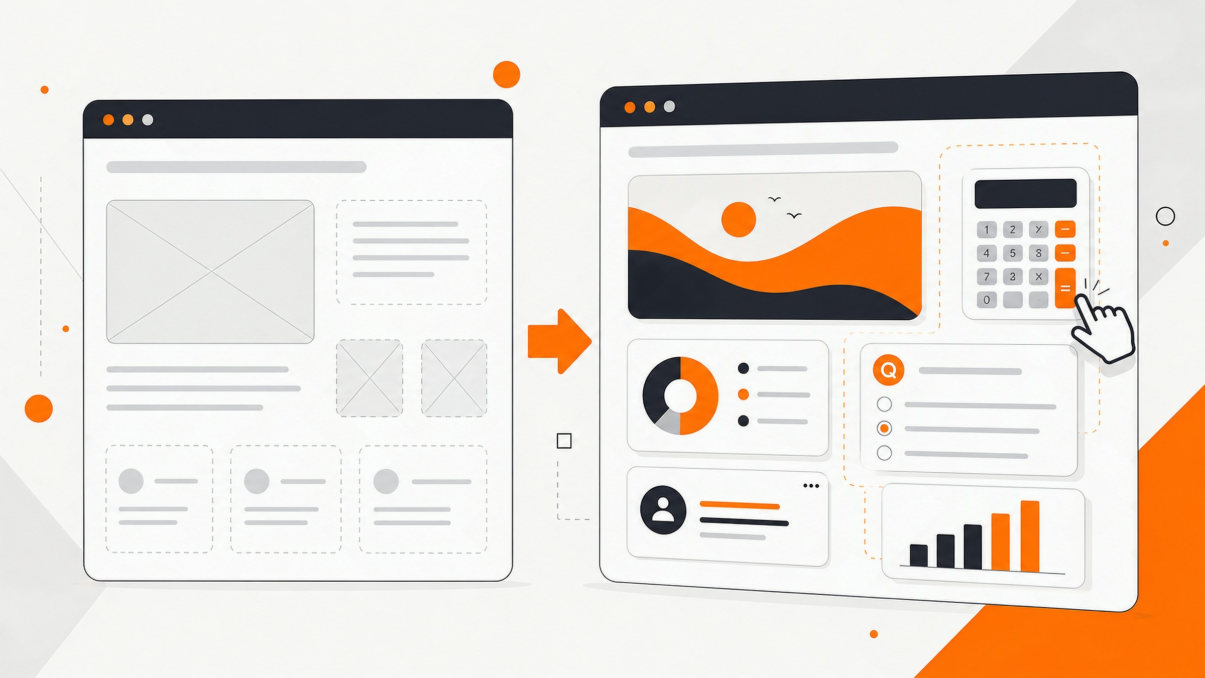 Vector illustration of a website wireframe transforming into interactive calculator, quiz, and chart widgets.