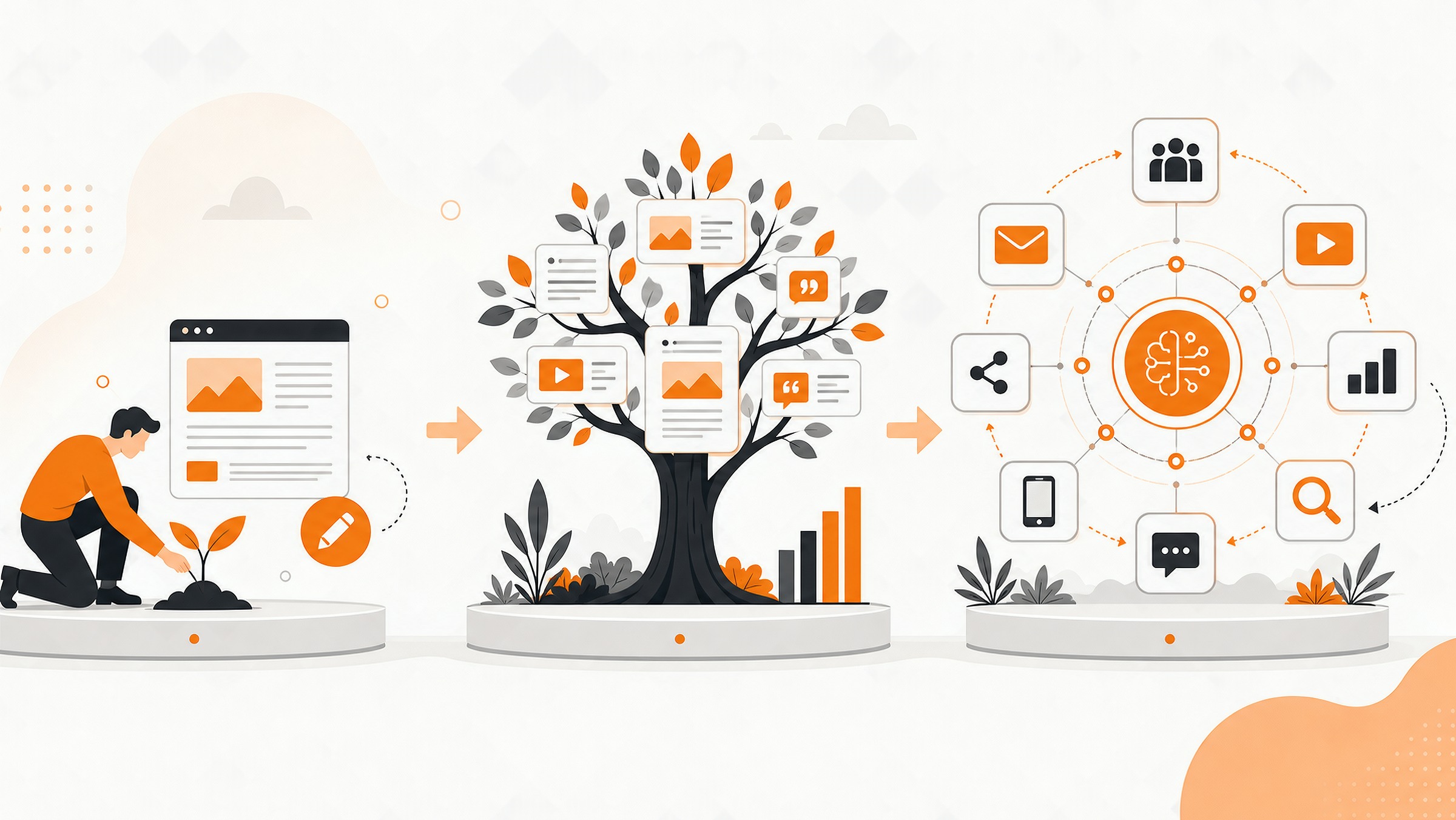 Vector illustration of content strategy growing from a publishing seed into a connected AI content ecosystem.