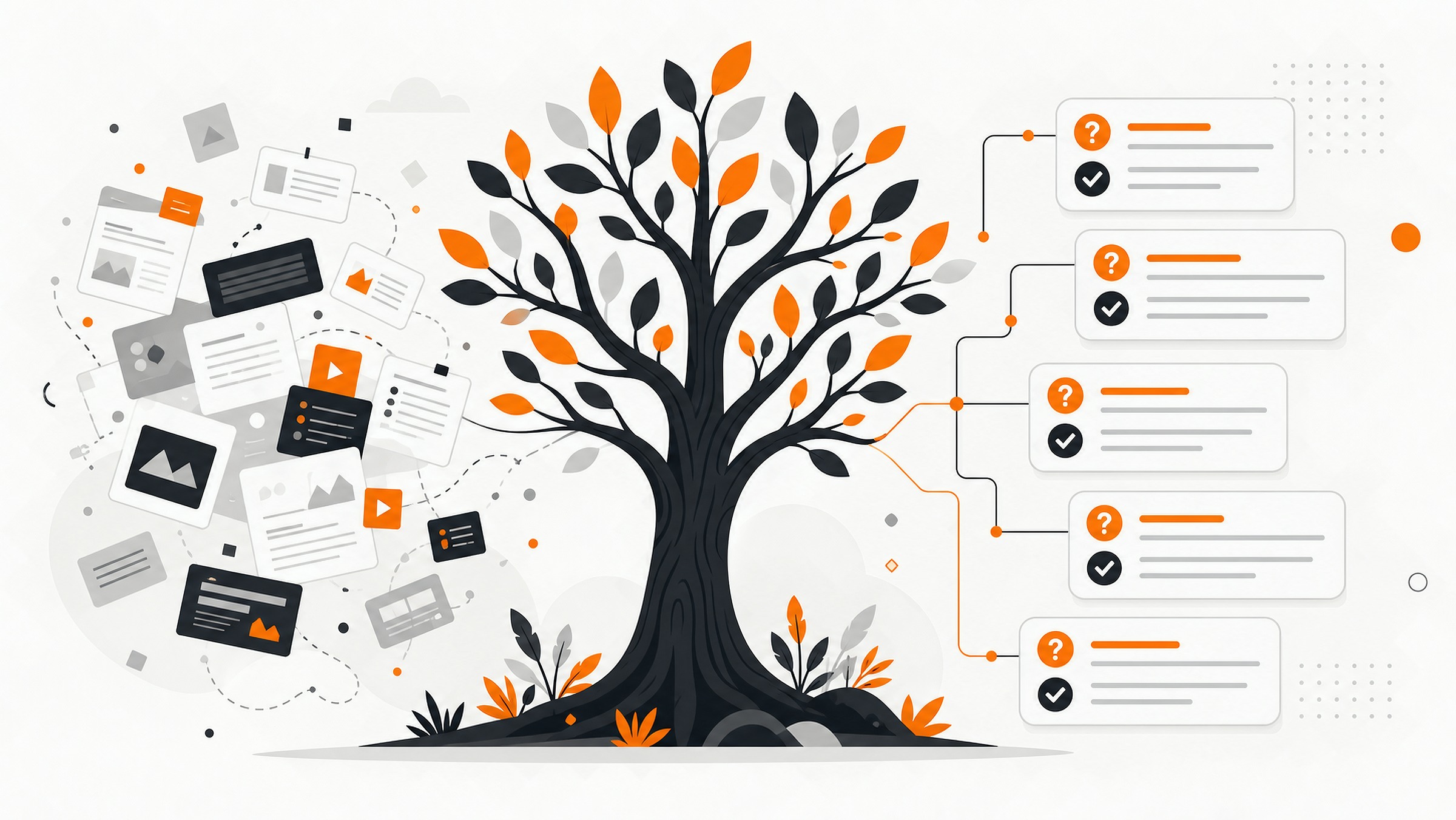 Vector illustration of an ironwood tree organizing messy website content into clear FAQ cards.