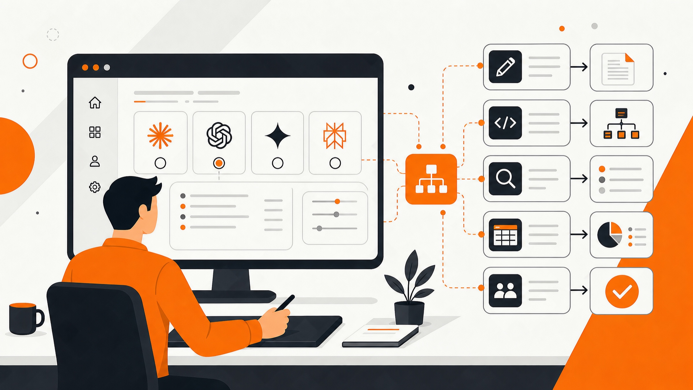 Vector illustration of an agency operator selecting AI tools and routing writing, coding, research, reporting, and approval workflows.