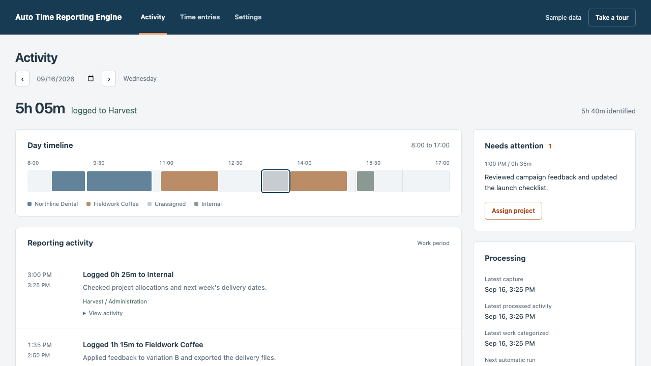 Activity monitor with time logged to Harvest.
