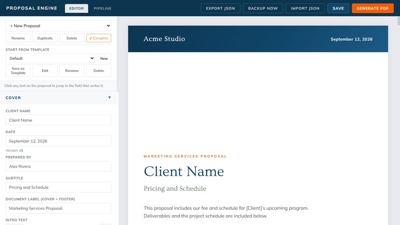 Edit a proposal and see the document beside it.