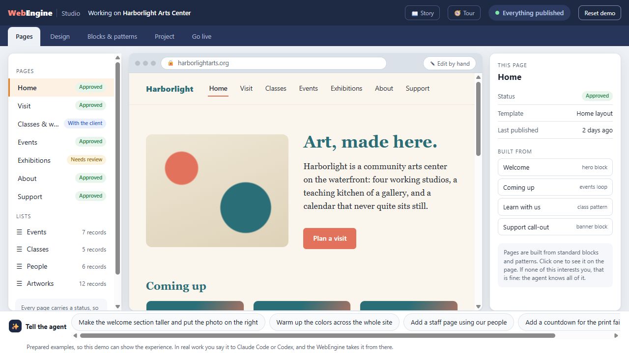 Review the site, page status, and reusable blocks in one workspace.