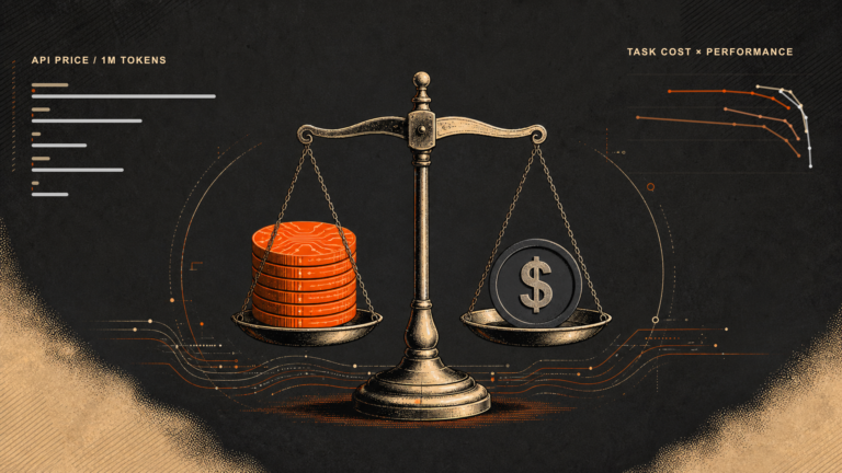 Balance scale comparing AI token pricing with task cost and performance charts